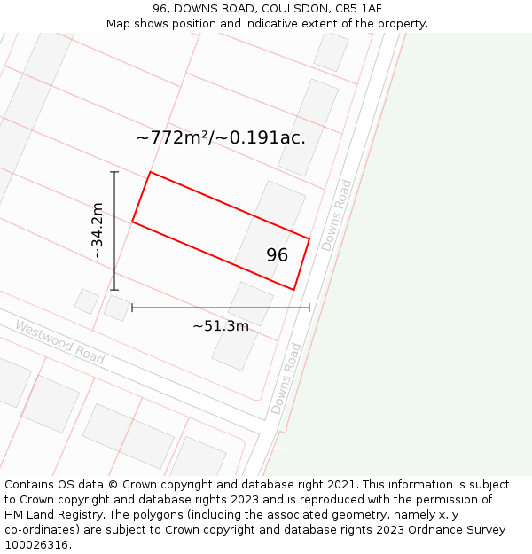 96, DOWNS ROAD, COULSDON, CR5 1AF: Plot and title map