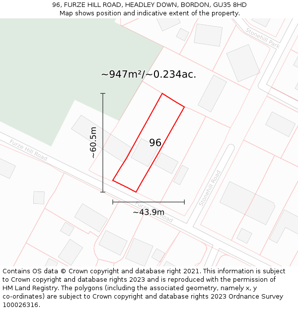 96, FURZE HILL ROAD, HEADLEY DOWN, BORDON, GU35 8HD: Plot and title map