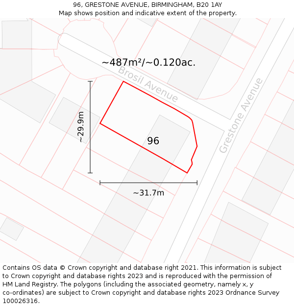 96, GRESTONE AVENUE, BIRMINGHAM, B20 1AY: Plot and title map