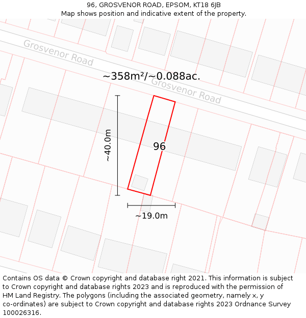 96, GROSVENOR ROAD, EPSOM, KT18 6JB: Plot and title map