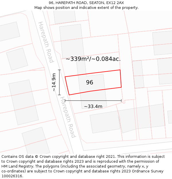 96, HAREPATH ROAD, SEATON, EX12 2AX: Plot and title map