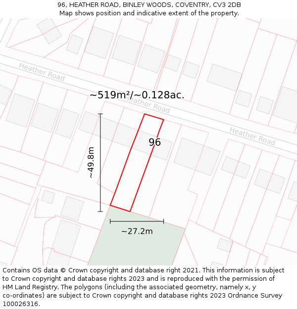 96, HEATHER ROAD, BINLEY WOODS, COVENTRY, CV3 2DB: Plot and title map