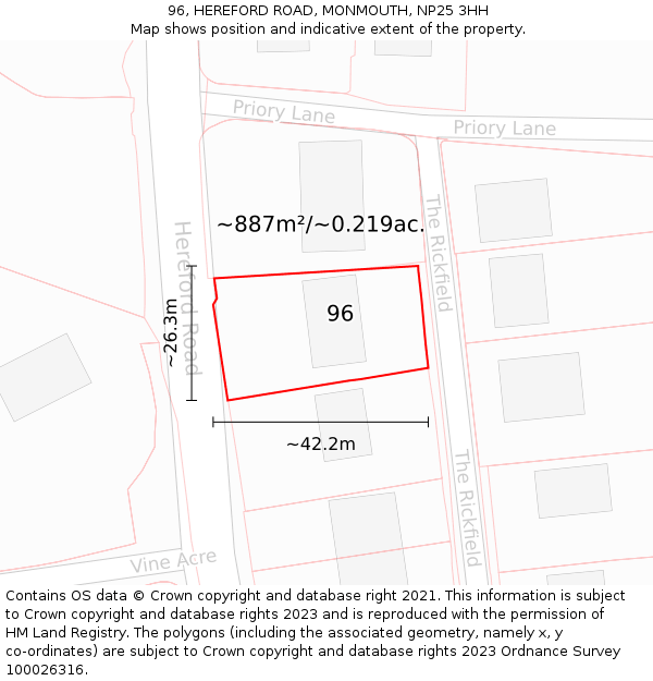 96, HEREFORD ROAD, MONMOUTH, NP25 3HH: Plot and title map