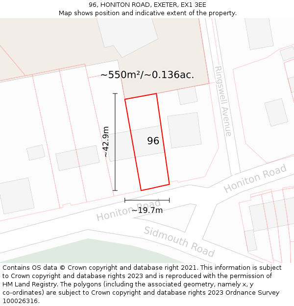 96, HONITON ROAD, EXETER, EX1 3EE: Plot and title map