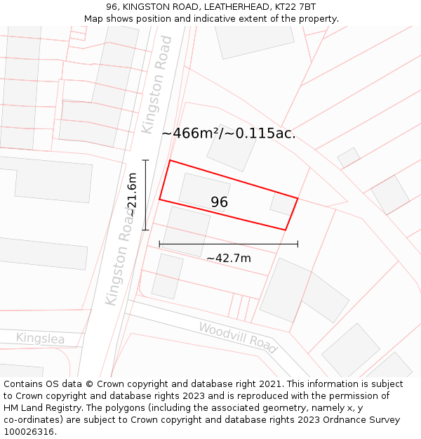 96, KINGSTON ROAD, LEATHERHEAD, KT22 7BT: Plot and title map