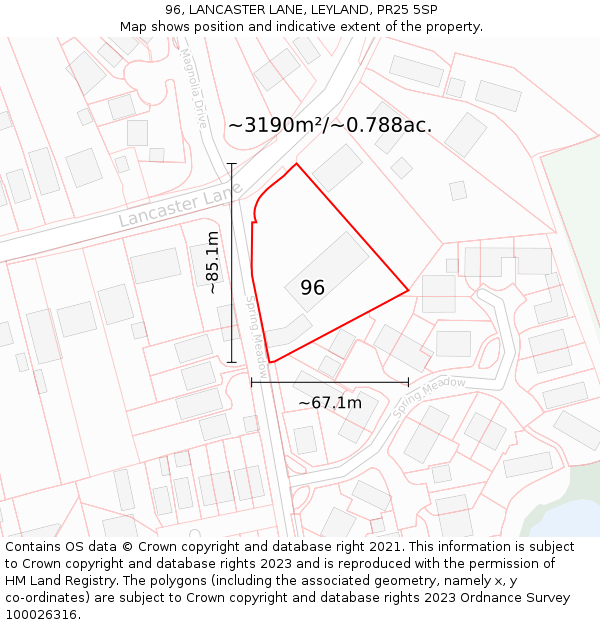 96, LANCASTER LANE, LEYLAND, PR25 5SP: Plot and title map