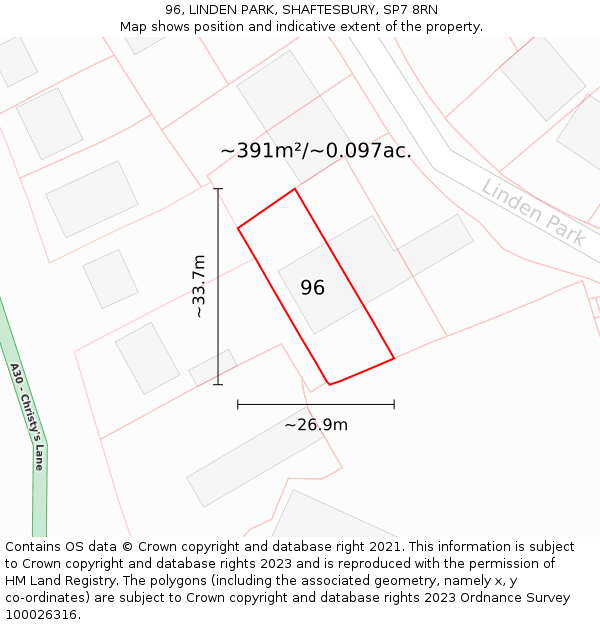 96, LINDEN PARK, SHAFTESBURY, SP7 8RN: Plot and title map