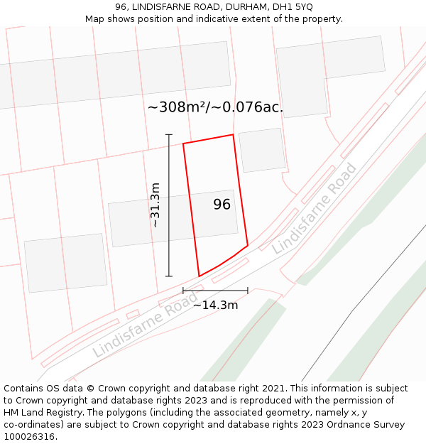 96, LINDISFARNE ROAD, DURHAM, DH1 5YQ: Plot and title map
