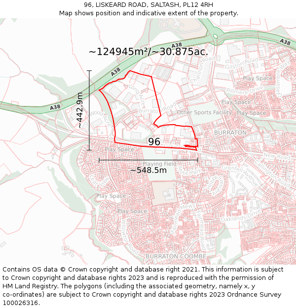 96, LISKEARD ROAD, SALTASH, PL12 4RH: Plot and title map