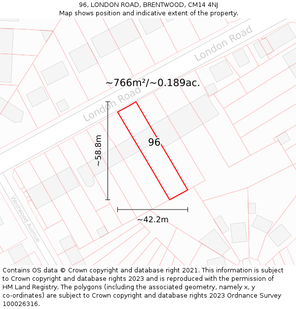 96, LONDON ROAD, BRENTWOOD, CM14 4NJ: Plot and title map