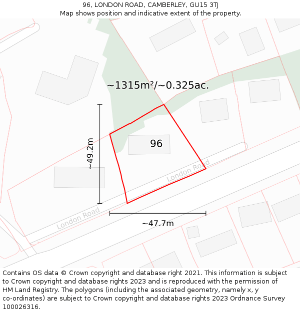 96, LONDON ROAD, CAMBERLEY, GU15 3TJ: Plot and title map