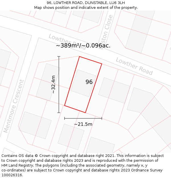 96, LOWTHER ROAD, DUNSTABLE, LU6 3LH: Plot and title map