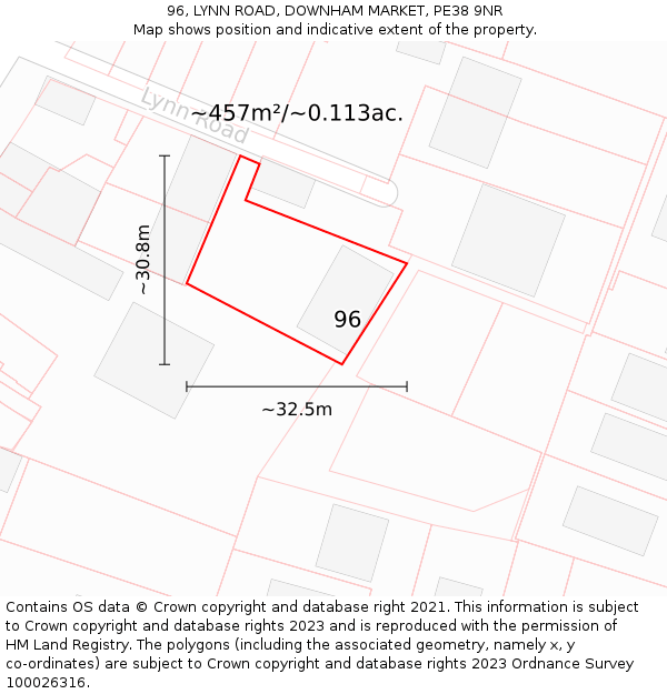 96, LYNN ROAD, DOWNHAM MARKET, PE38 9NR: Plot and title map