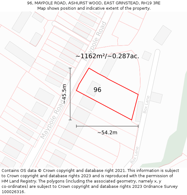 96, MAYPOLE ROAD, ASHURST WOOD, EAST GRINSTEAD, RH19 3RE: Plot and title map