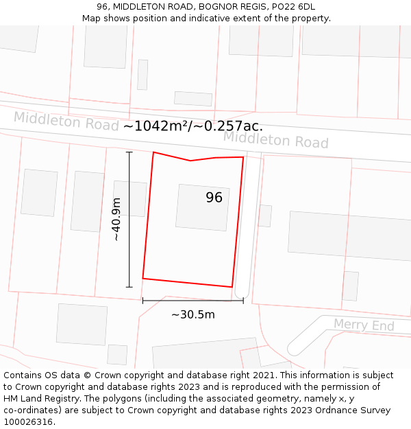 96, MIDDLETON ROAD, BOGNOR REGIS, PO22 6DL: Plot and title map