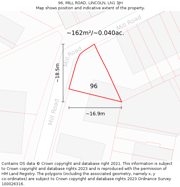 96, MILL ROAD, LINCOLN, LN1 3JH: Plot and title map