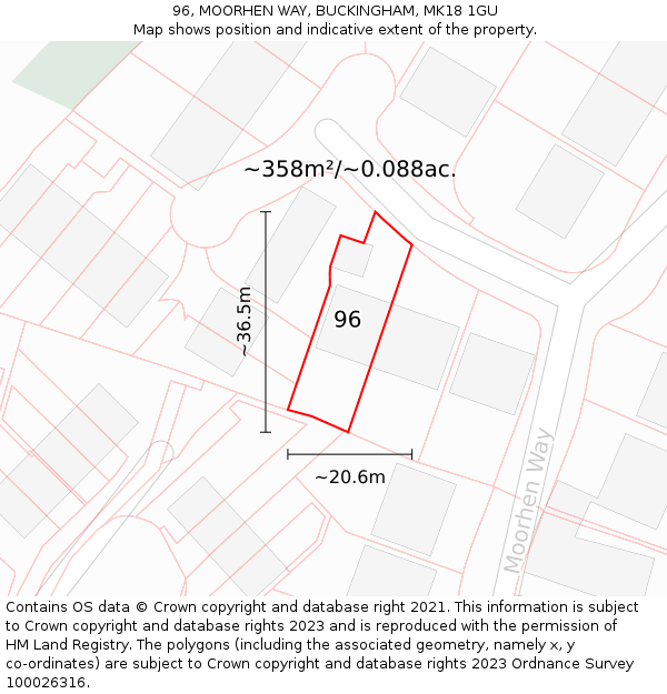 96, MOORHEN WAY, BUCKINGHAM, MK18 1GU: Plot and title map