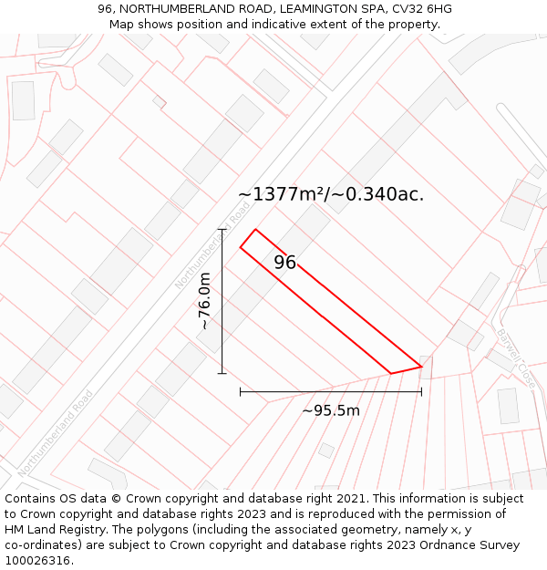 96, NORTHUMBERLAND ROAD, LEAMINGTON SPA, CV32 6HG: Plot and title map