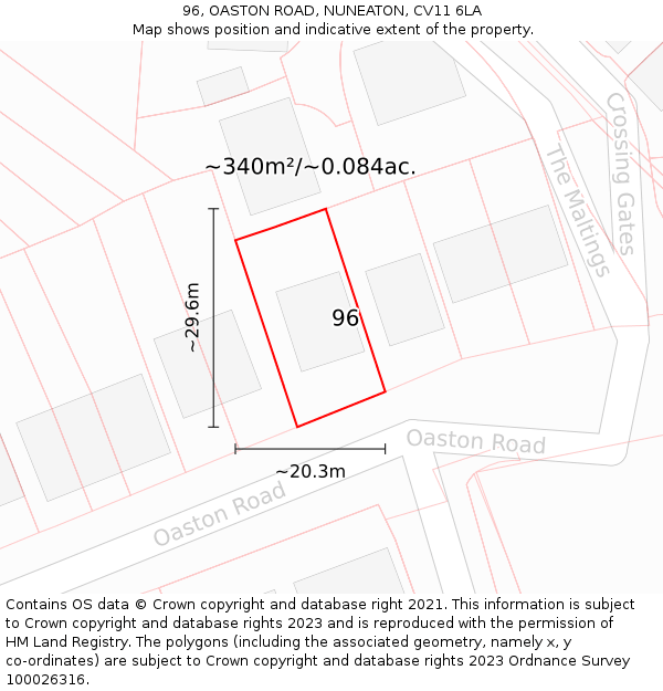 96, OASTON ROAD, NUNEATON, CV11 6LA: Plot and title map