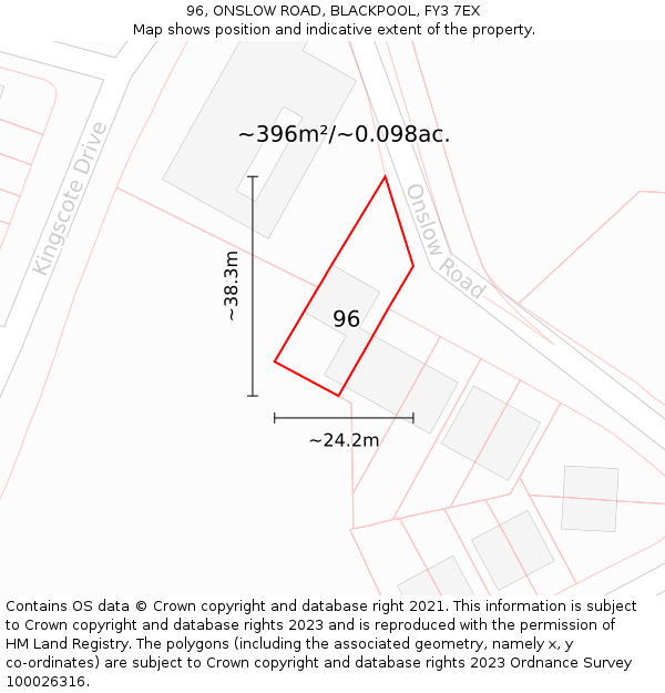 96, ONSLOW ROAD, BLACKPOOL, FY3 7EX: Plot and title map