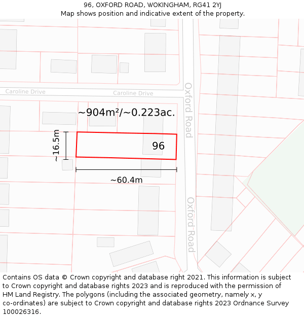 96, OXFORD ROAD, WOKINGHAM, RG41 2YJ: Plot and title map