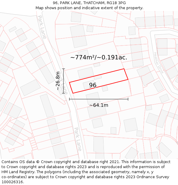 96, PARK LANE, THATCHAM, RG18 3PG: Plot and title map