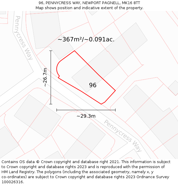 96, PENNYCRESS WAY, NEWPORT PAGNELL, MK16 8TT: Plot and title map