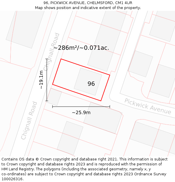 96, PICKWICK AVENUE, CHELMSFORD, CM1 4UR: Plot and title map
