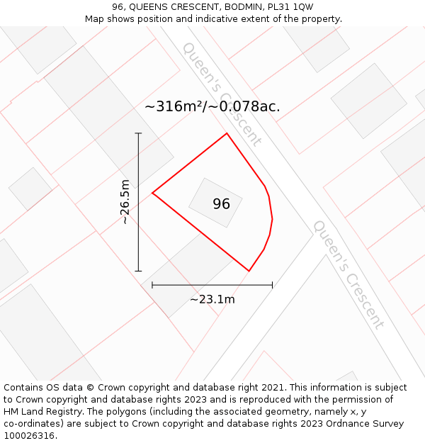 96, QUEENS CRESCENT, BODMIN, PL31 1QW: Plot and title map