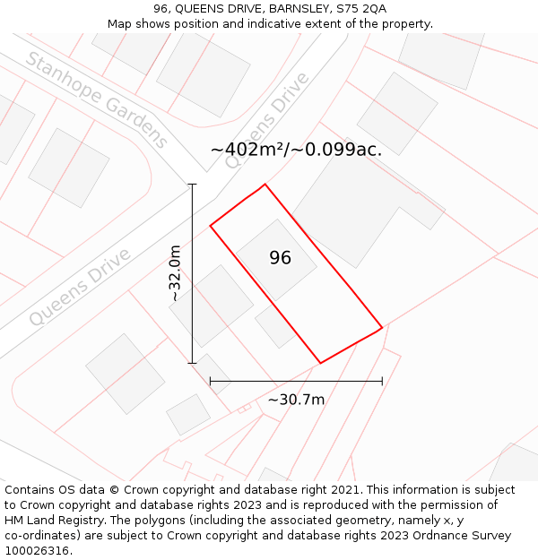 96, QUEENS DRIVE, BARNSLEY, S75 2QA: Plot and title map