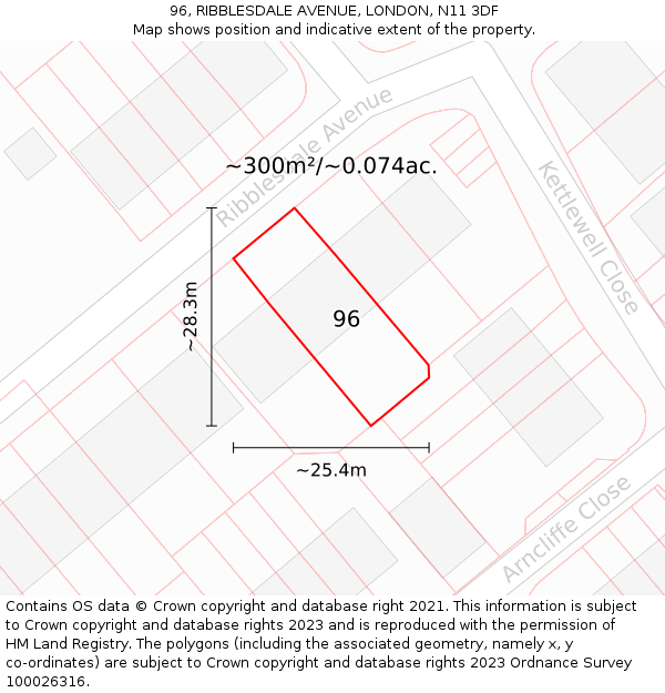 96, RIBBLESDALE AVENUE, LONDON, N11 3DF: Plot and title map