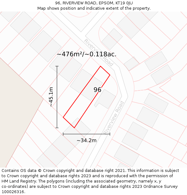 96, RIVERVIEW ROAD, EPSOM, KT19 0JU: Plot and title map