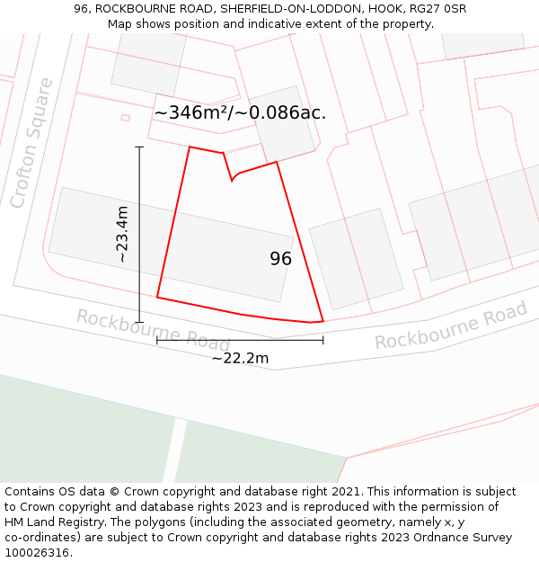 96, ROCKBOURNE ROAD, SHERFIELD-ON-LODDON, HOOK, RG27 0SR: Plot and title map