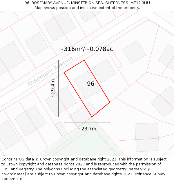 96, ROSEMARY AVENUE, MINSTER ON SEA, SHEERNESS, ME12 3HU: Plot and title map