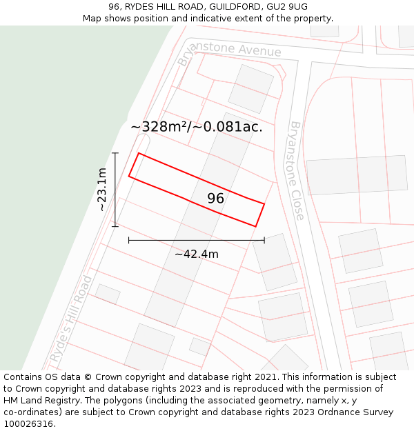 96, RYDES HILL ROAD, GUILDFORD, GU2 9UG: Plot and title map