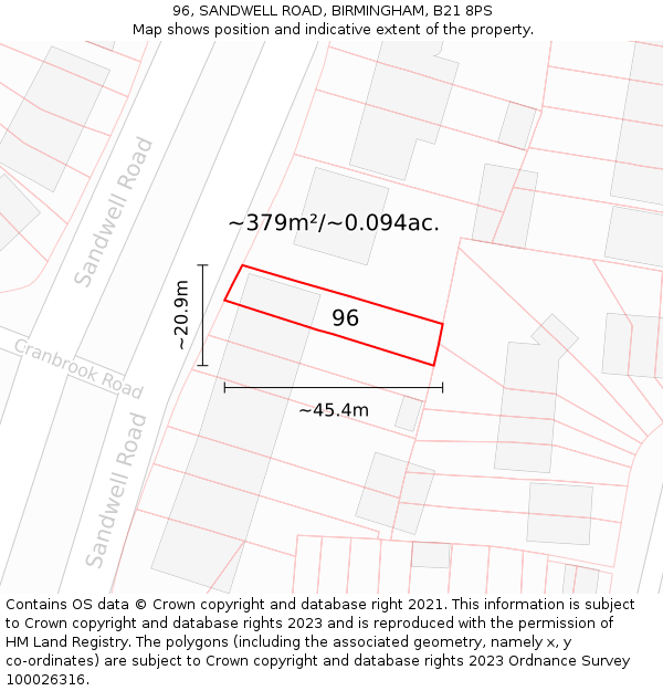 96, SANDWELL ROAD, BIRMINGHAM, B21 8PS: Plot and title map