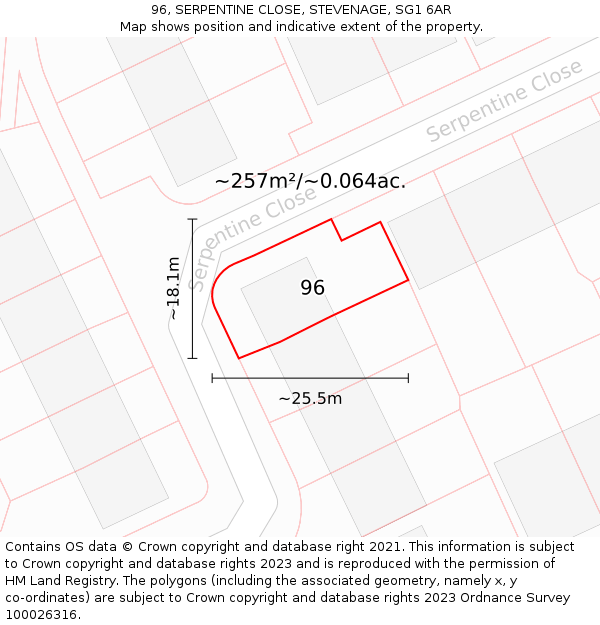 96, SERPENTINE CLOSE, STEVENAGE, SG1 6AR: Plot and title map