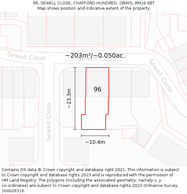 96, SEWELL CLOSE, CHAFFORD HUNDRED, GRAYS, RM16 6BT: Plot and title map