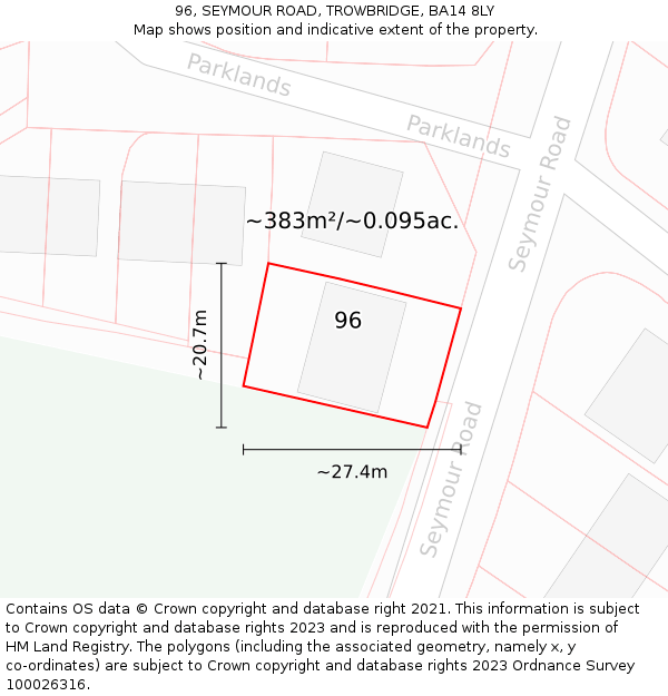 96, SEYMOUR ROAD, TROWBRIDGE, BA14 8LY: Plot and title map