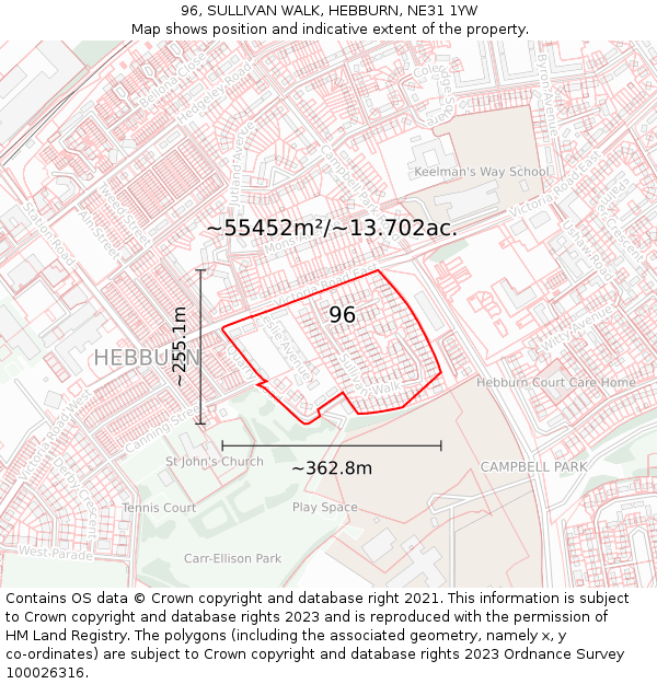 96, SULLIVAN WALK, HEBBURN, NE31 1YW: Plot and title map