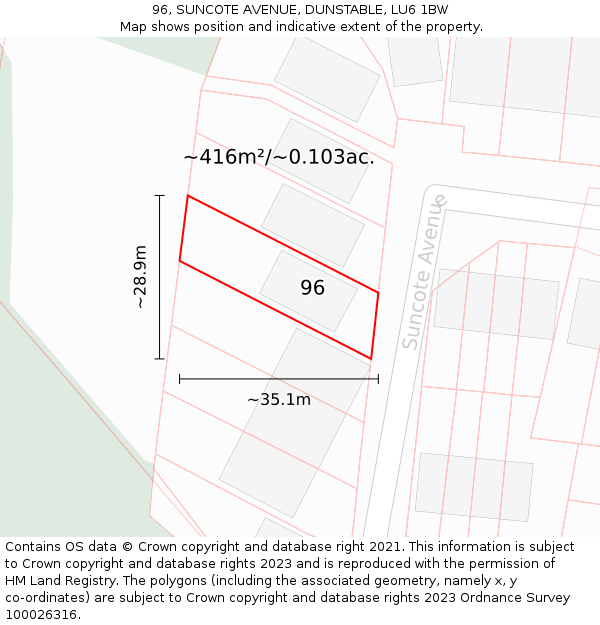 96, SUNCOTE AVENUE, DUNSTABLE, LU6 1BW: Plot and title map