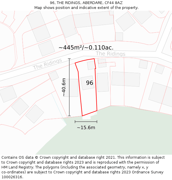 96, THE RIDINGS, ABERDARE, CF44 8AZ: Plot and title map