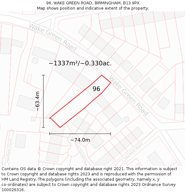 96, WAKE GREEN ROAD, BIRMINGHAM, B13 9PX: Plot and title map