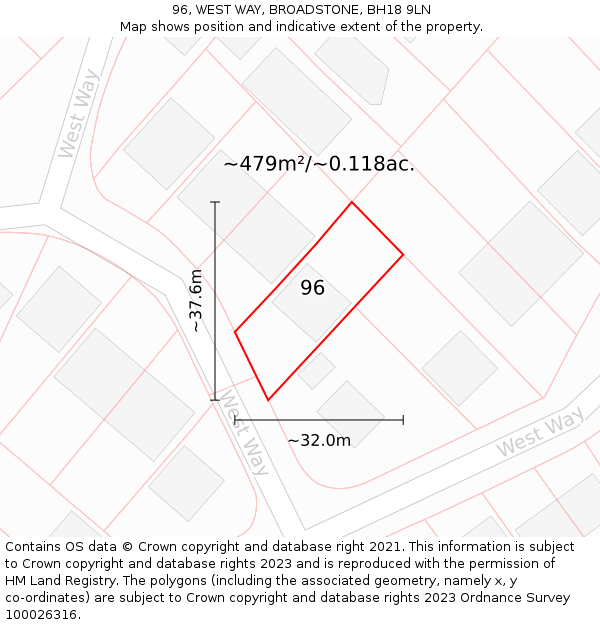 96, WEST WAY, BROADSTONE, BH18 9LN: Plot and title map