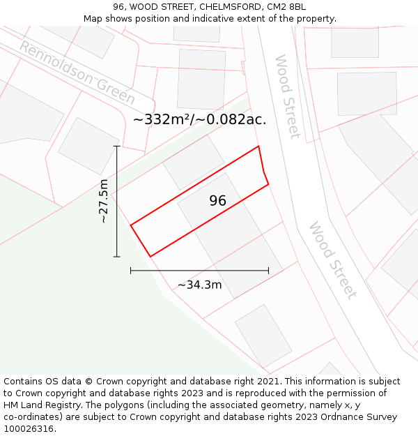 96, WOOD STREET, CHELMSFORD, CM2 8BL: Plot and title map