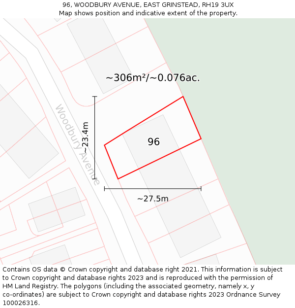 96, WOODBURY AVENUE, EAST GRINSTEAD, RH19 3UX: Plot and title map