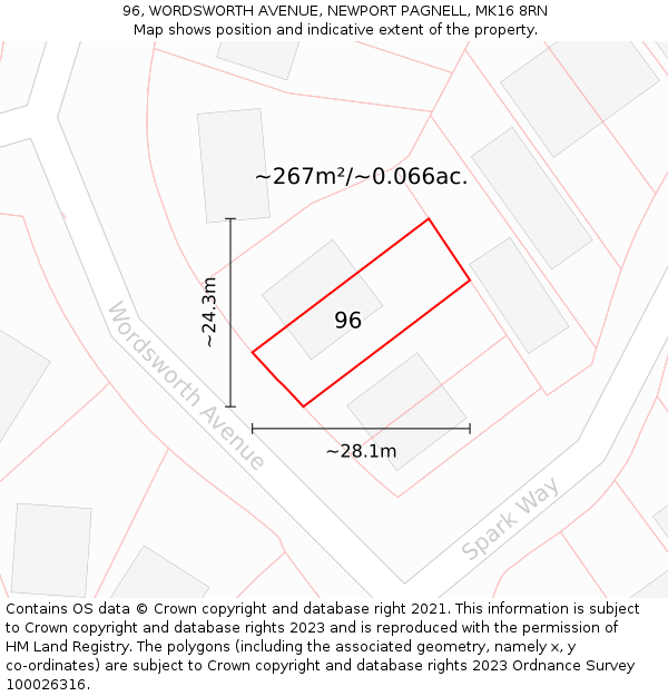 96, WORDSWORTH AVENUE, NEWPORT PAGNELL, MK16 8RN: Plot and title map