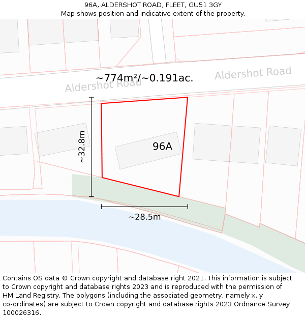 96A, ALDERSHOT ROAD, FLEET, GU51 3GY: Plot and title map