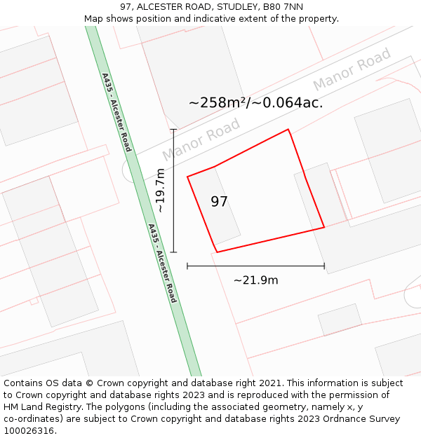 97, ALCESTER ROAD, STUDLEY, B80 7NN: Plot and title map