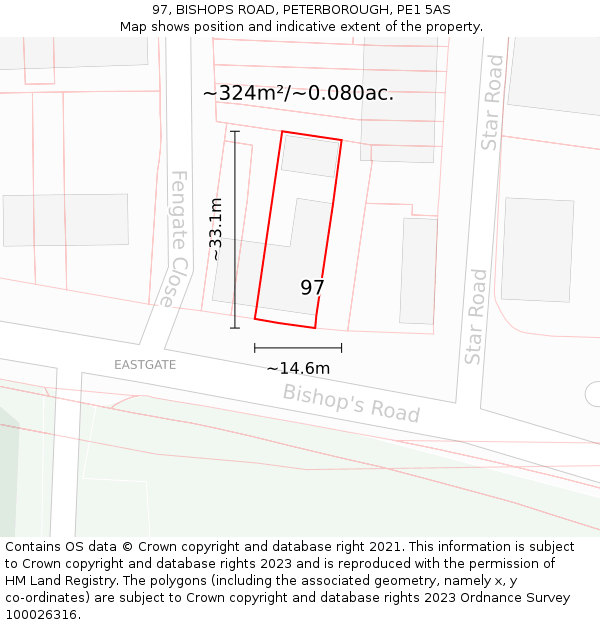 97, BISHOPS ROAD, PETERBOROUGH, PE1 5AS: Plot and title map